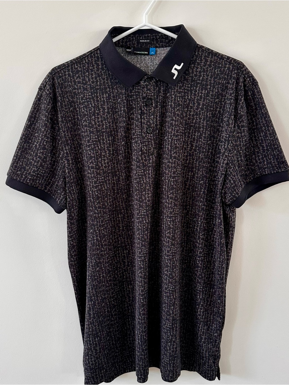 J.Lindeberg Black Patterned Short Sleeve Polo with Contrast Collar Golf Tour XL